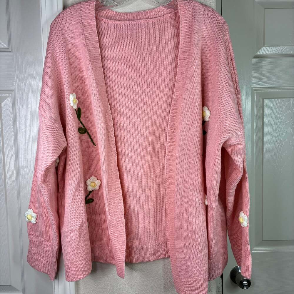 SHEIN Women's 3D Floral Applique Open Front Knit Cardigan in Pink New Size 1X